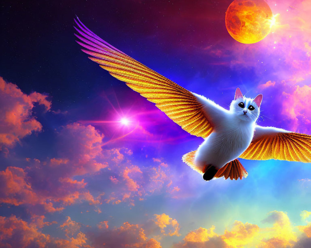 White Cat with Golden Wings Soaring in Vibrant Sky