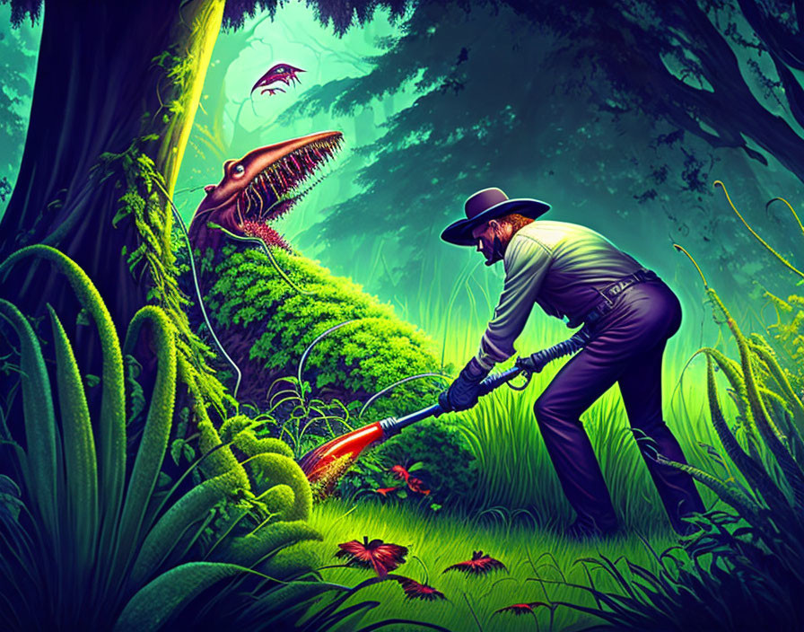 Cowboy trims dinosaur-shaped hedge in vibrant forest scene