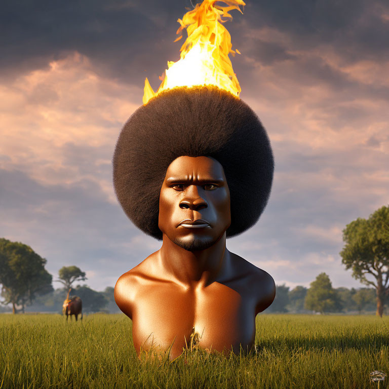 Digital artwork: Person with afro on fire in savanna with elephant.