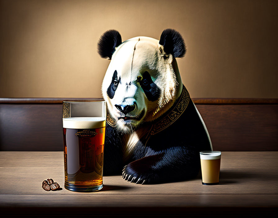 Panda with human body at table with beer, cup, and peanuts