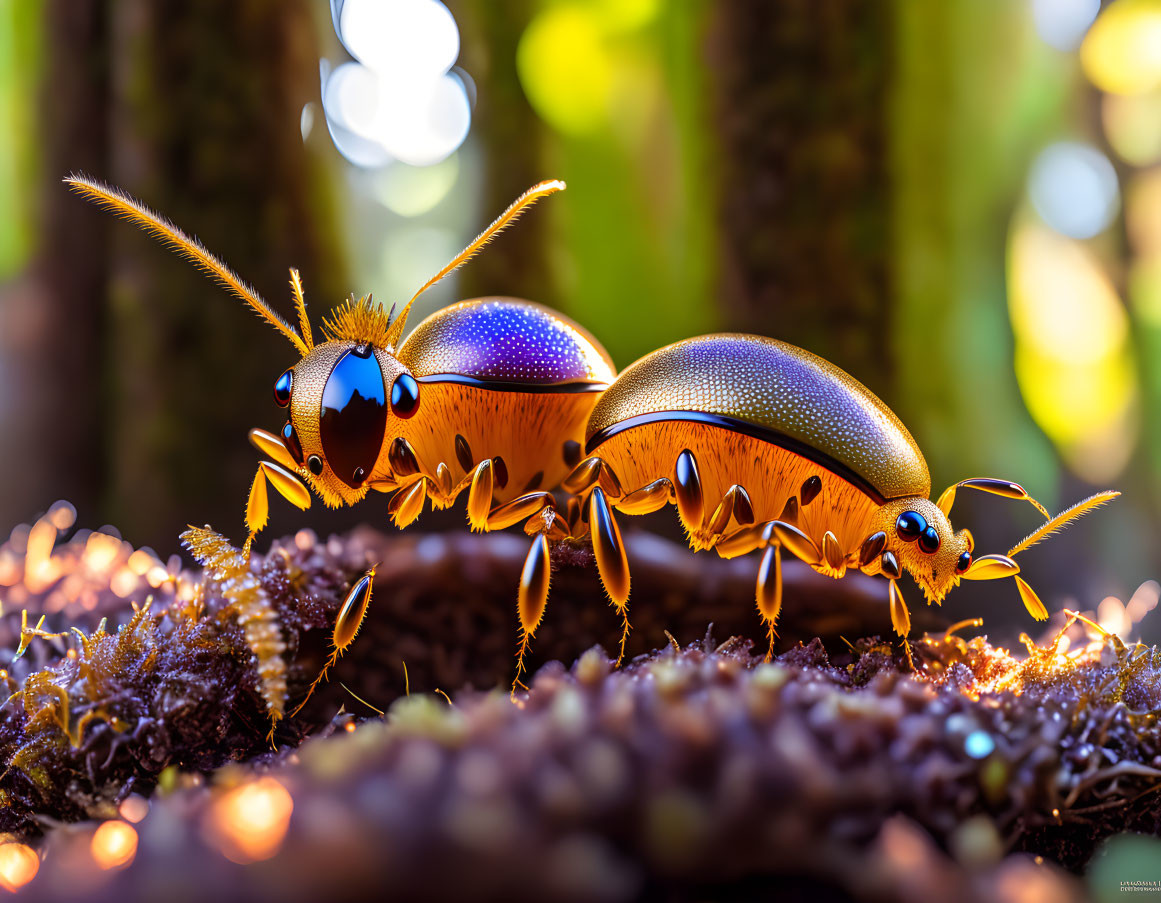 Colorful beetles on moss with forest backdrop in warm light