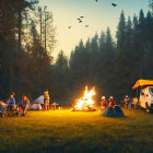 People around campfire in forest clearing at sunset with vehicle and camping gear. Birds flying.