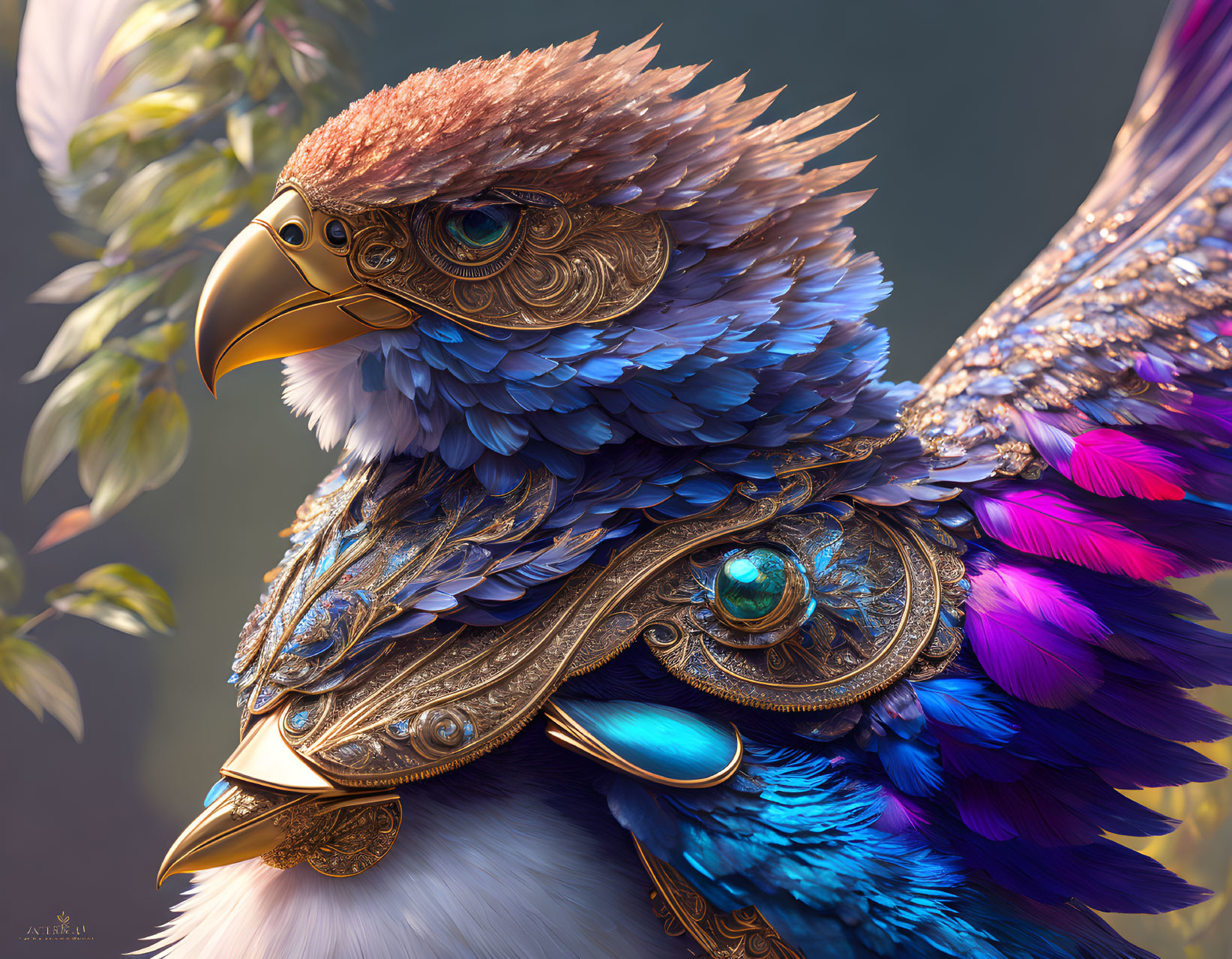 Detailed Fantasy Illustration: Eagle with Blue and Purple Feathers in Ornate Golden Armor