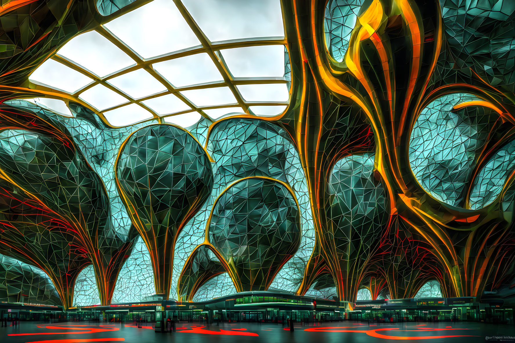 Futuristic interior with tree-like structures and red pathways