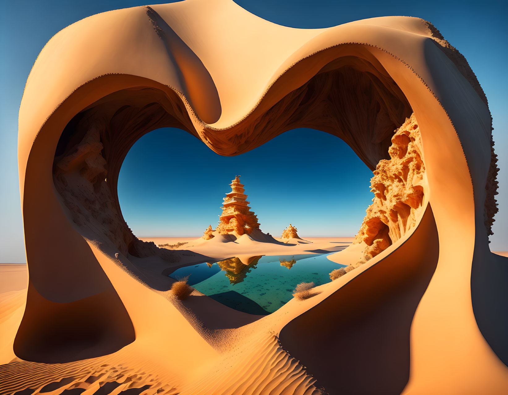 Surreal desert landscape with heart-shaped rock formation and oasis under clear blue sky