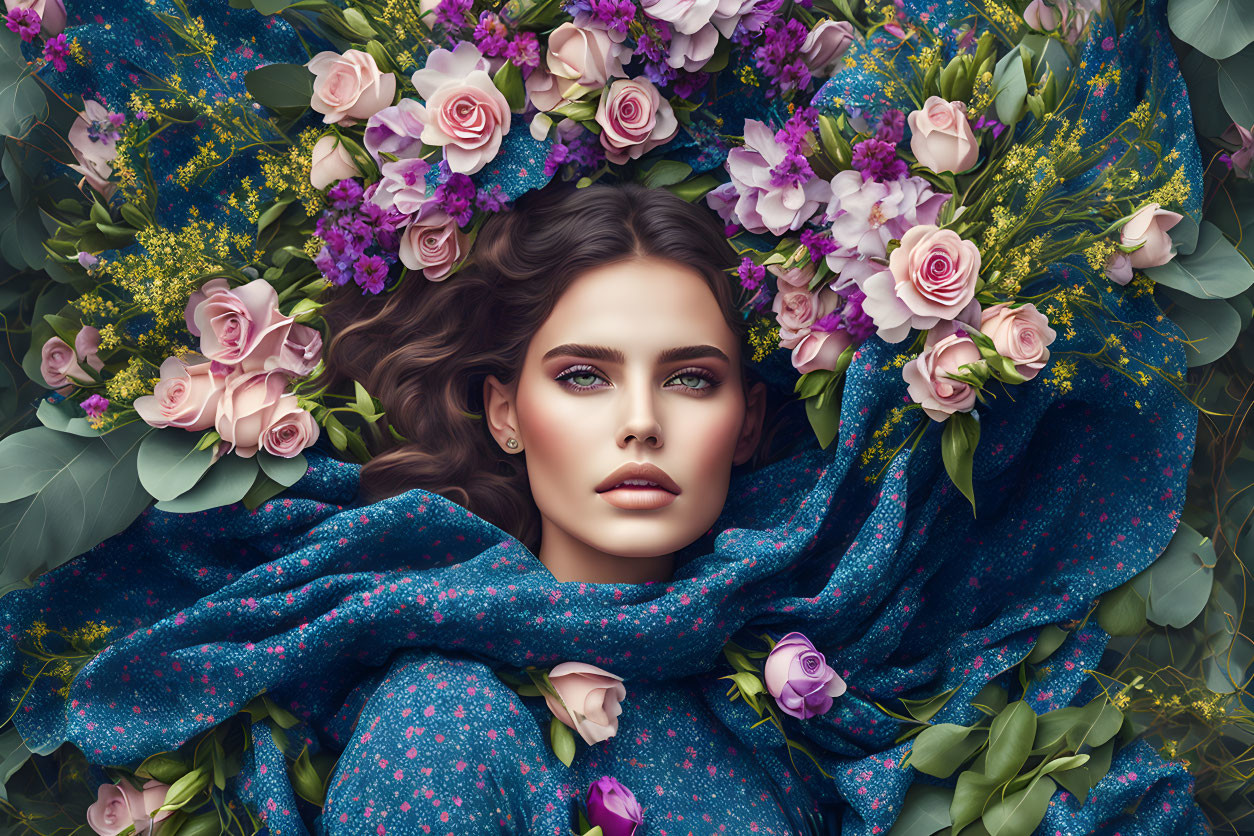 Woman surrounded by flowers in floral-patterned fabric on dark background