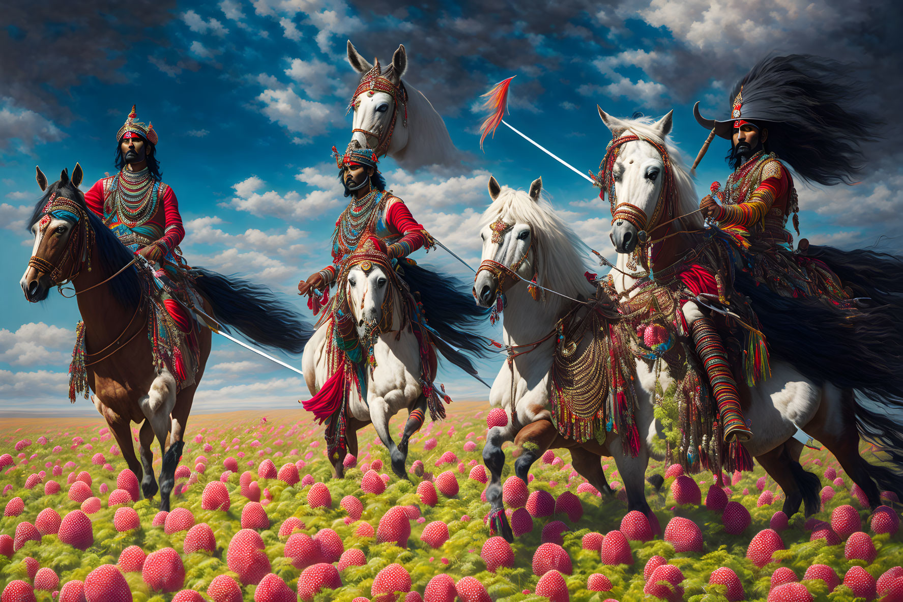 Armored warriors on white horses in pink flower field