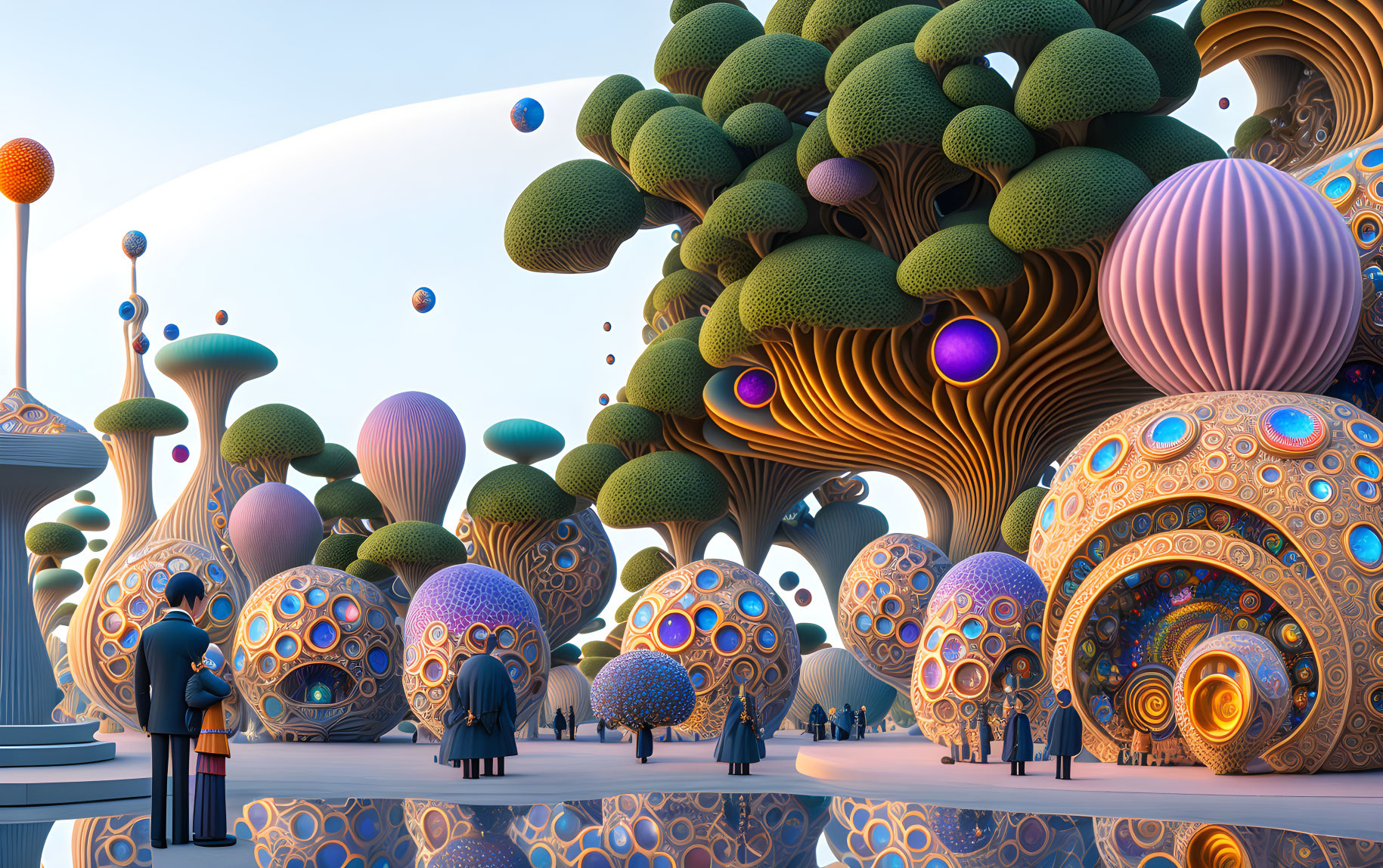 Futuristic landscape with spherical trees and dome-shaped structures