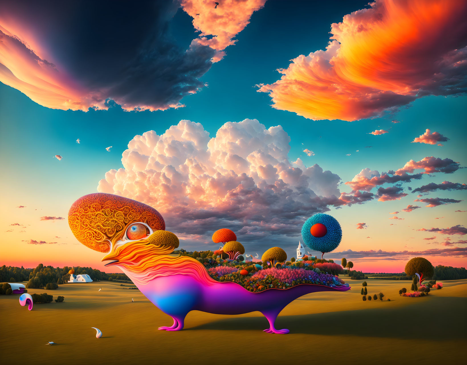 Colorful whimsical creature in surreal sunset landscape