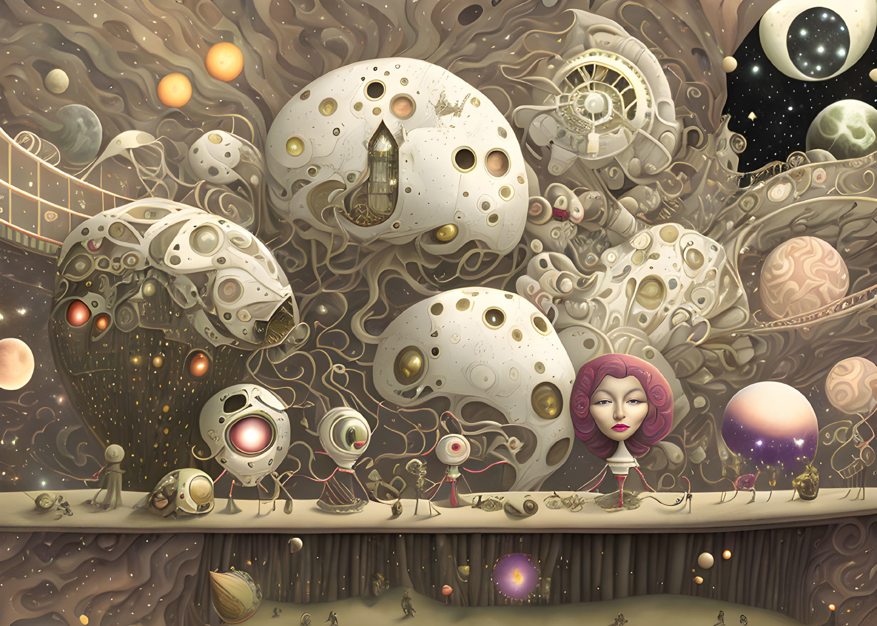 Colorful space-themed illustration with planets, moons, spaceship, robots, and stylized woman.