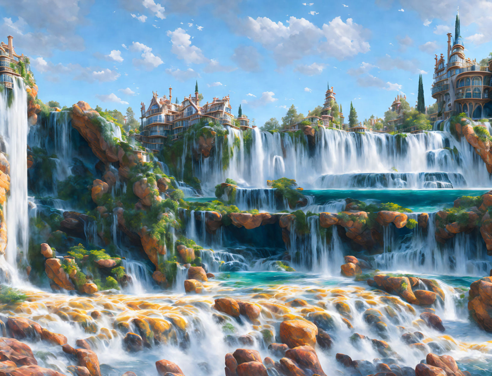 Fantasy landscape with waterfalls, lush foliage, and castle-like structures