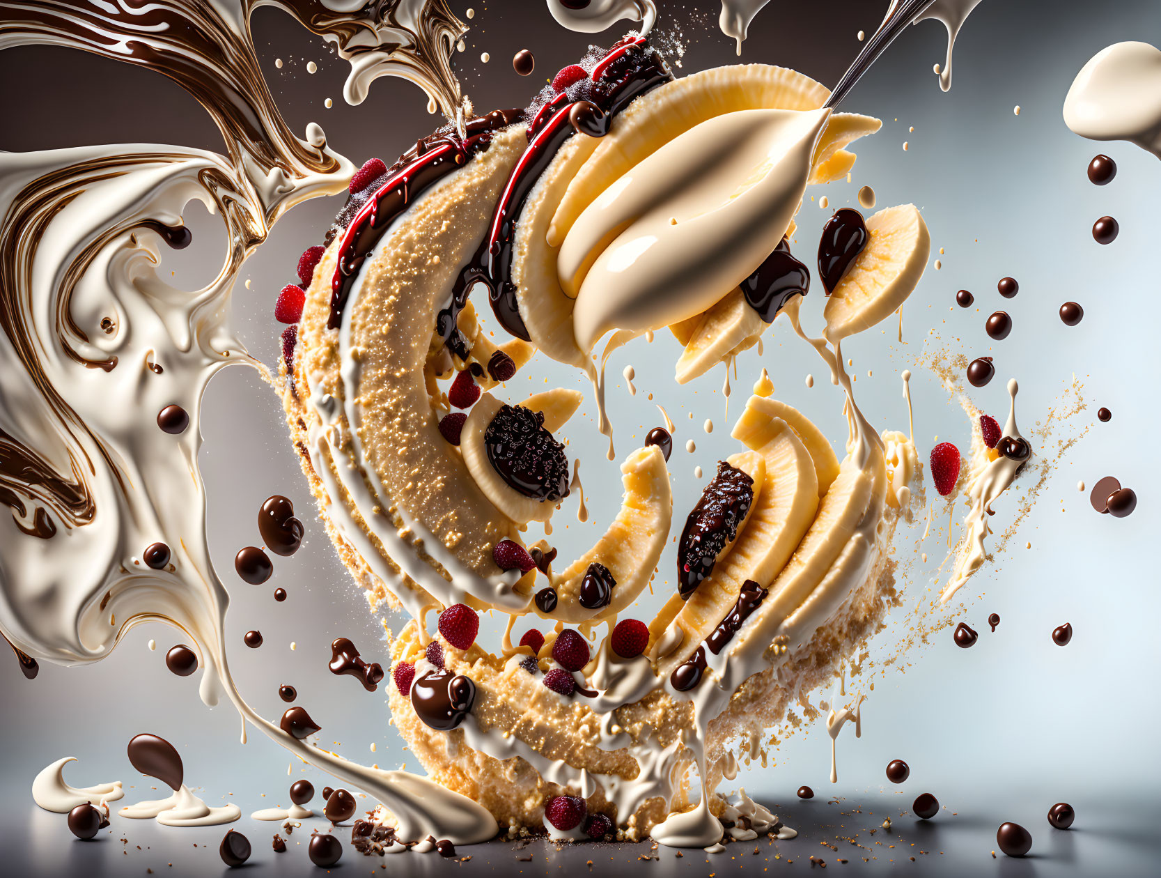 Floating banana slices, berries, and chocolate in creamy backdrop