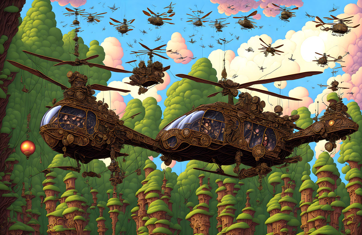 Ornate steampunk helicopters in lush fantasy forest