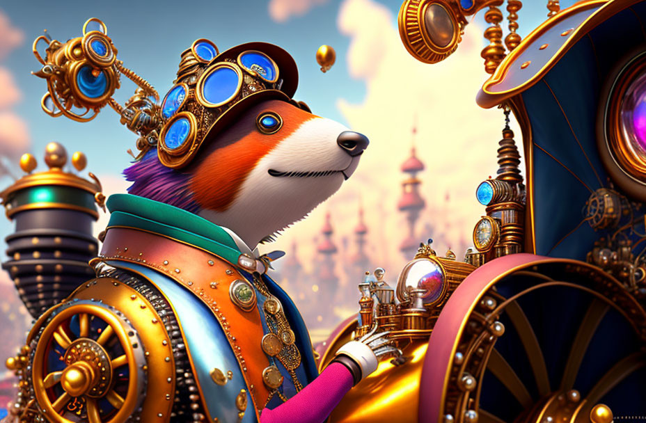 Steampunk-themed anthropomorphic fox driving a fantastical vehicle in whimsical cityscape