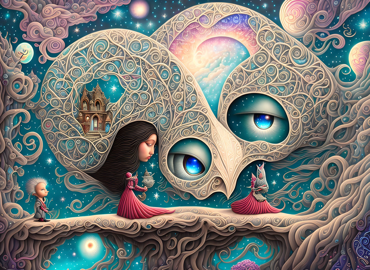 Surreal artwork: woman, child, fox, cosmic faces, castle