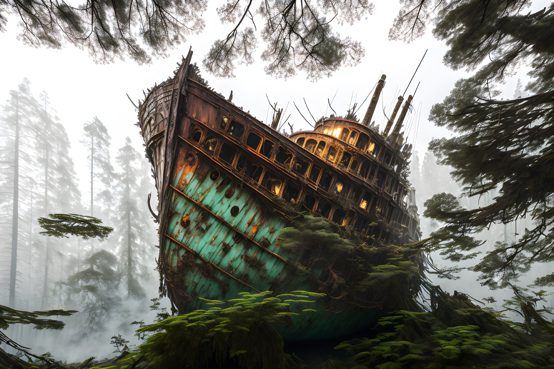 Rusted shipwreck in misty forest with giant trees