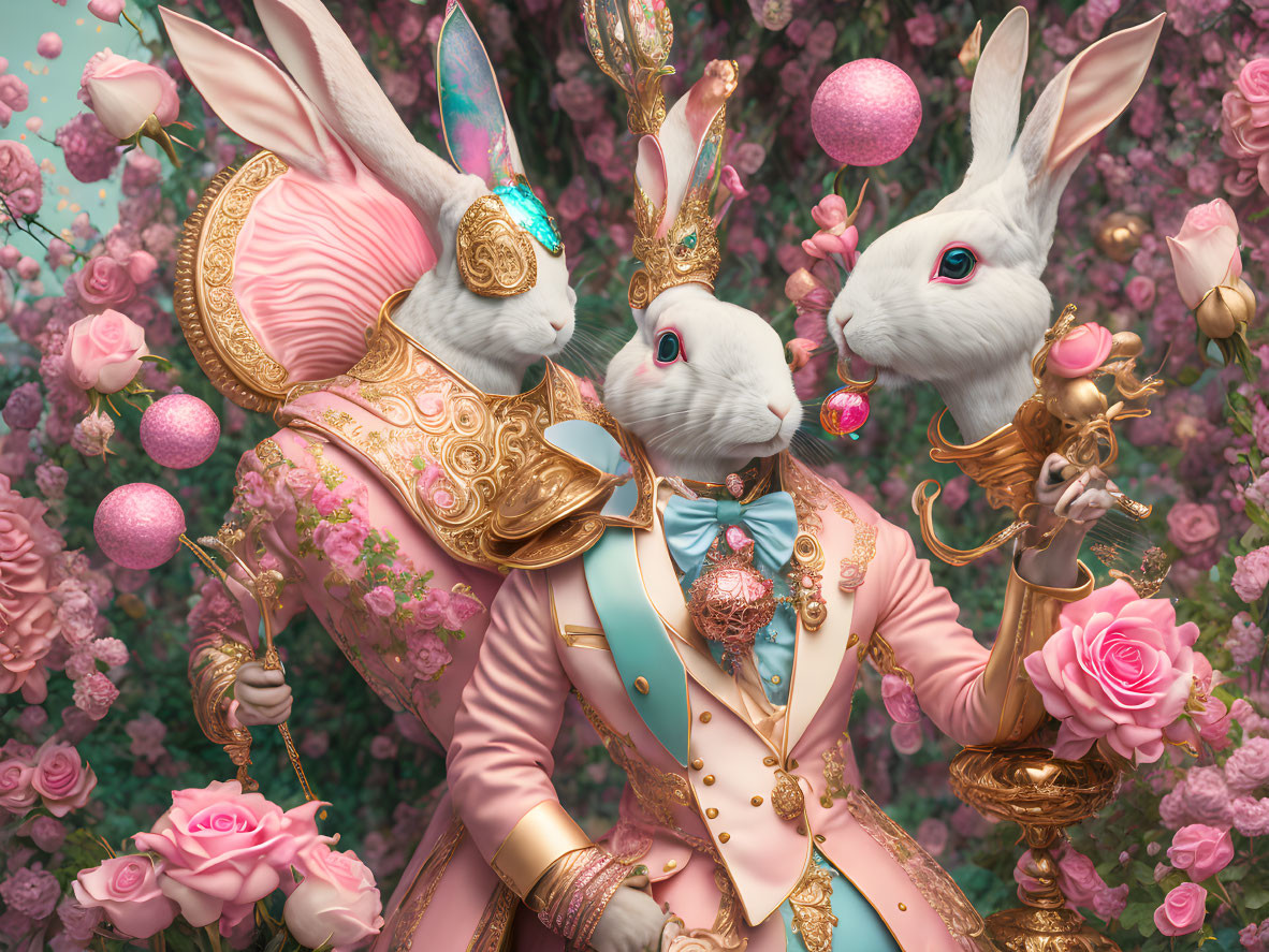 Rococo-style anthropomorphic rabbits with roses and ornate accessories