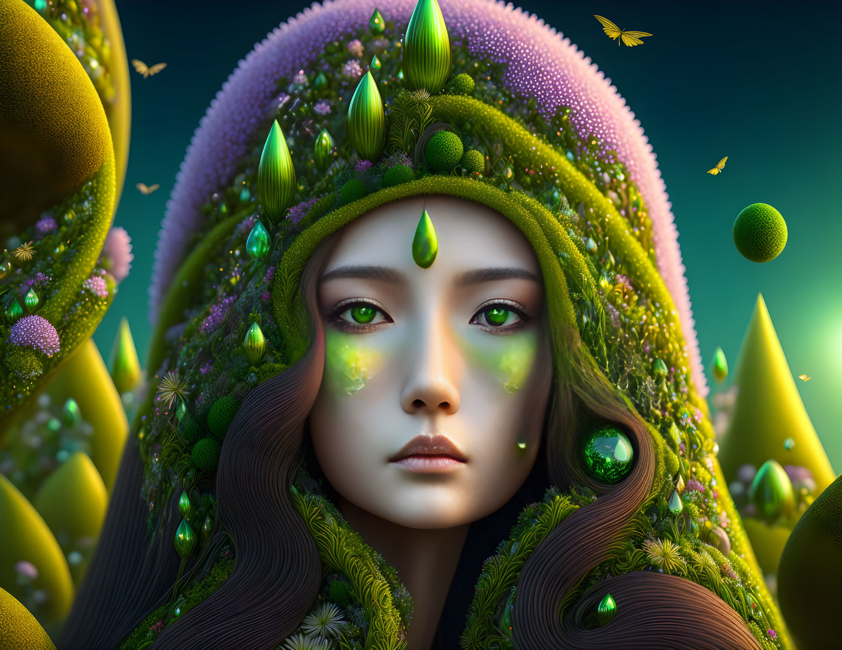 Vibrant portrait of a woman with lush forest-themed headdress