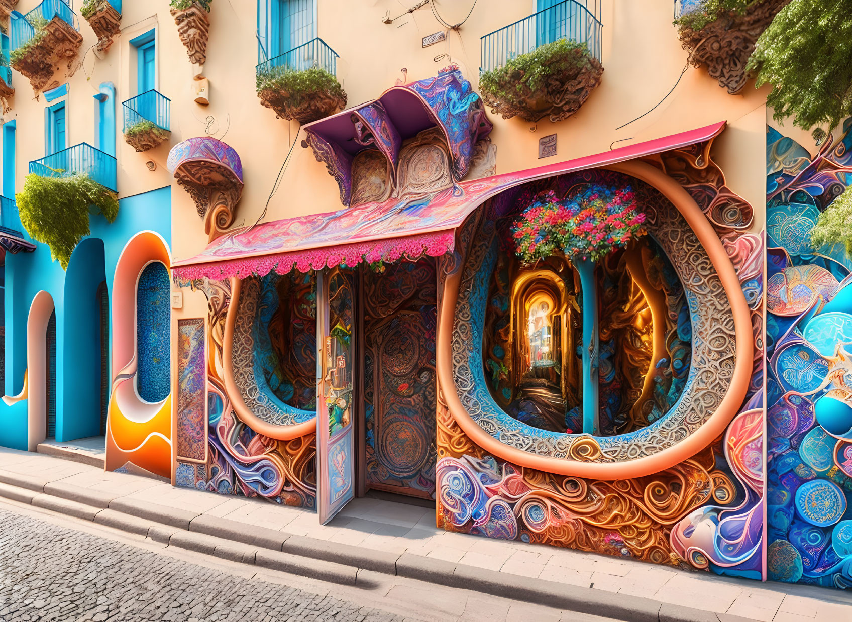 Colorful Building Facade with Organic Shapes and Floral Patterns