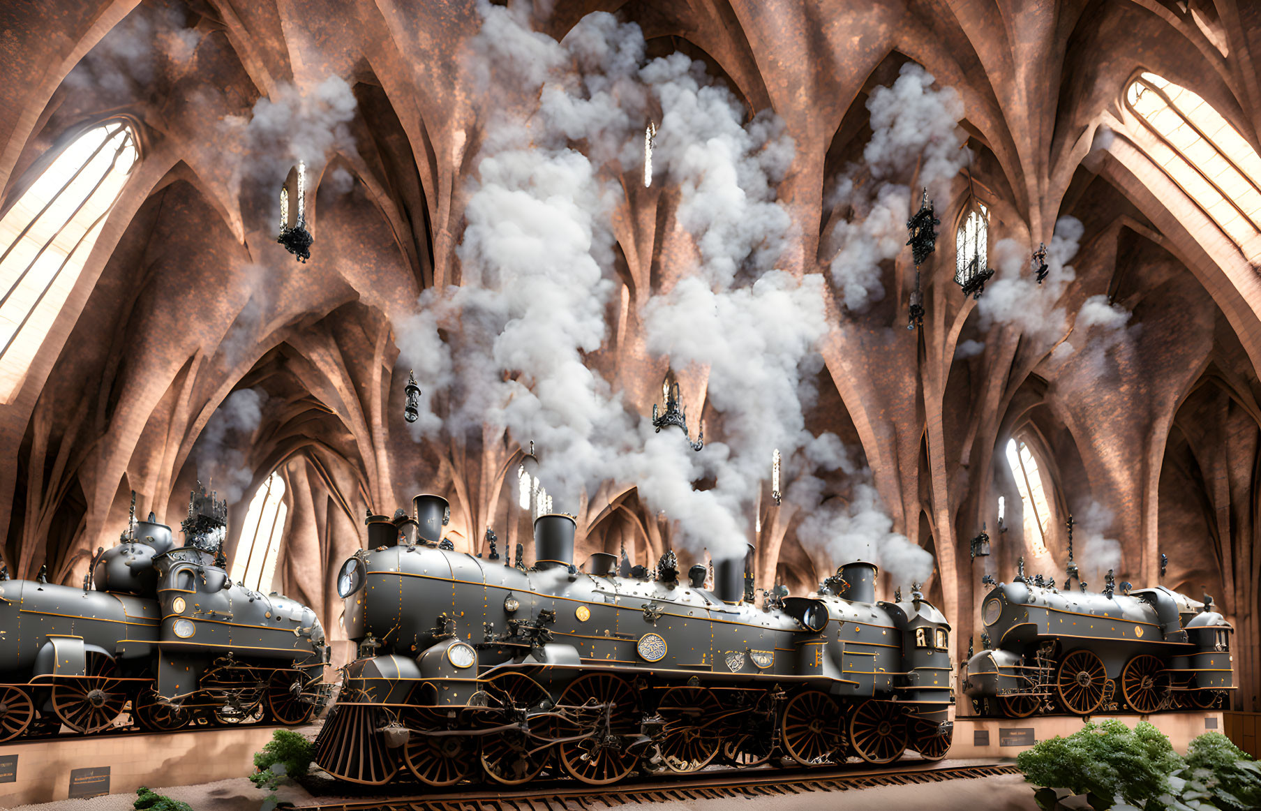 Steam locomotives in Gothic cathedral with sunlight and steam.