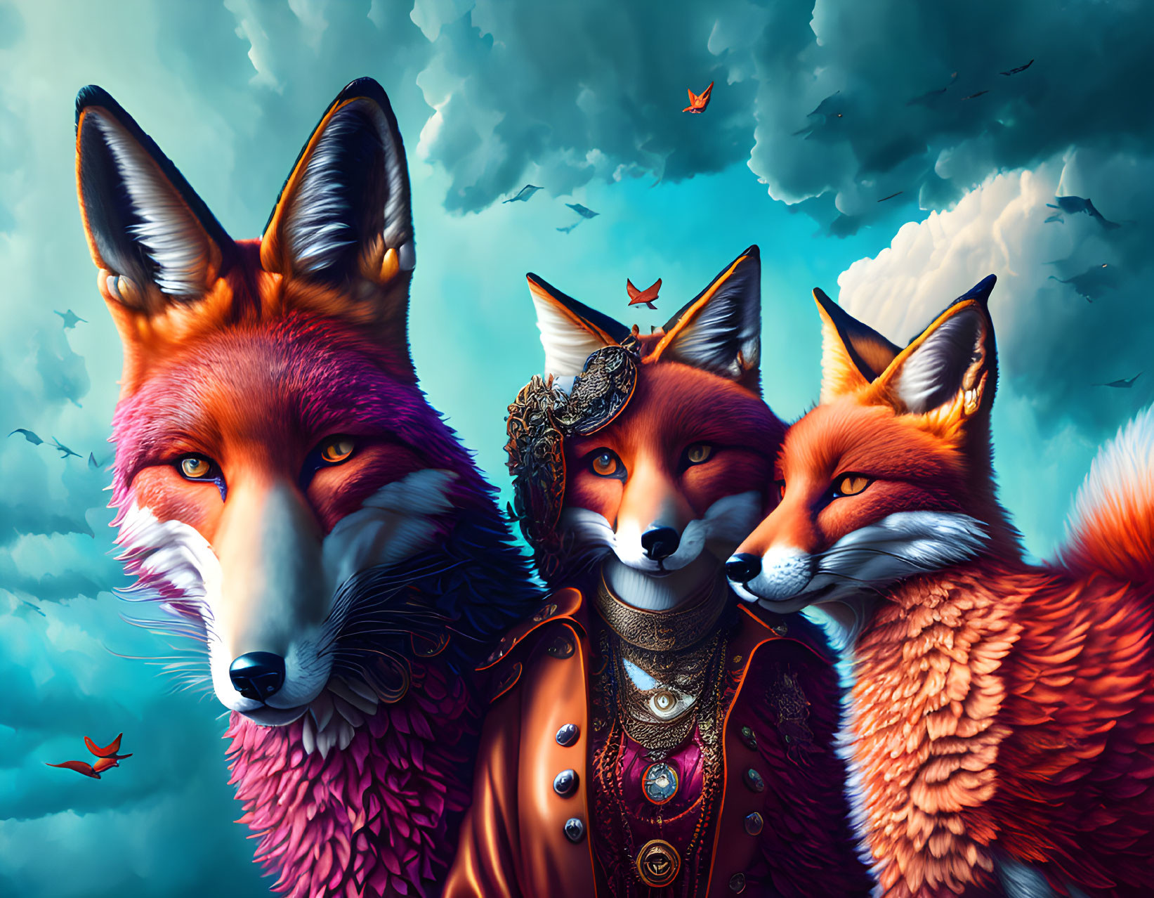 Anthropomorphic foxes in elegant attire against cloudy sky with fluttering butterflies