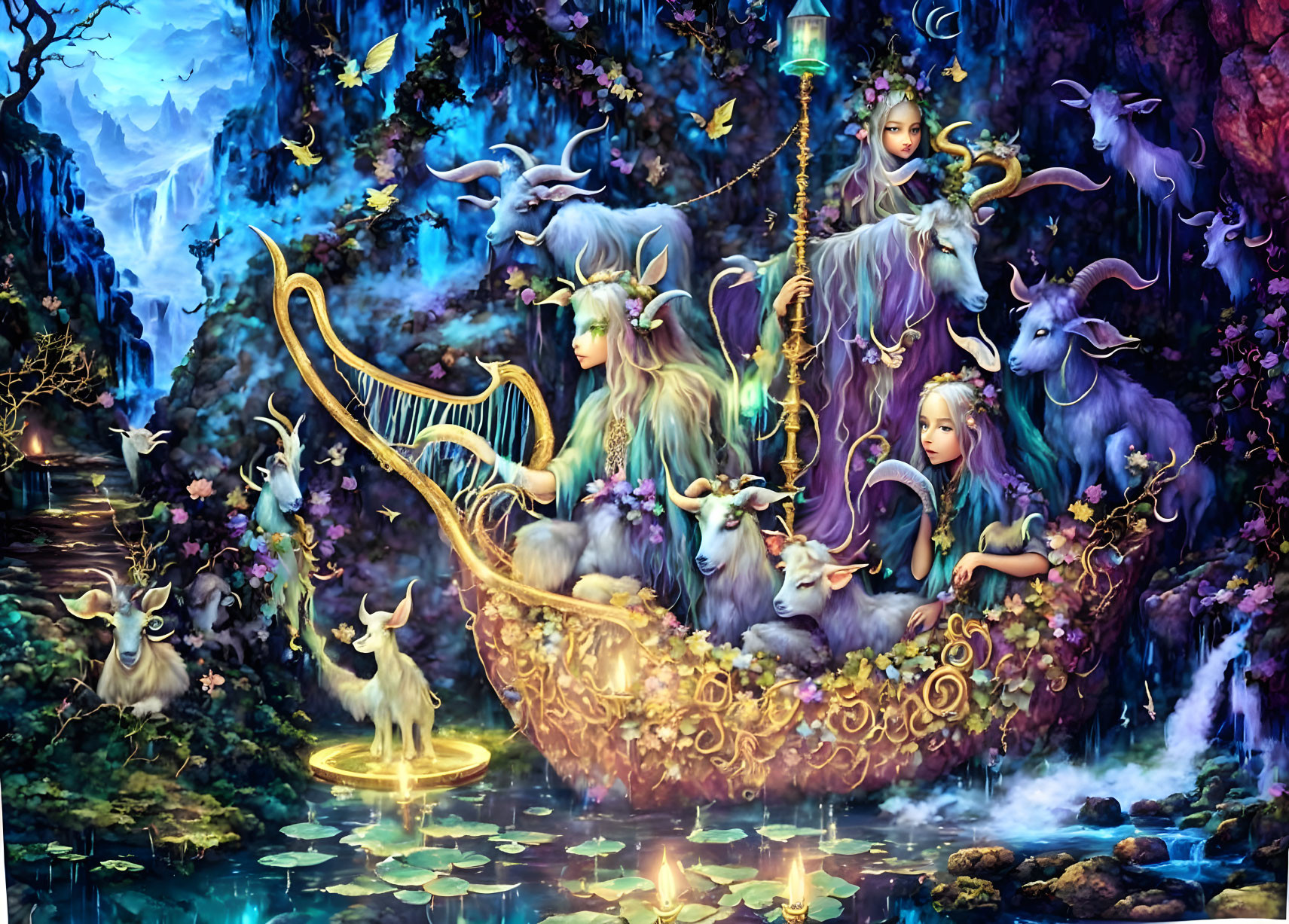 Ethereal beings and goats on glowing boat in vibrant blue forest