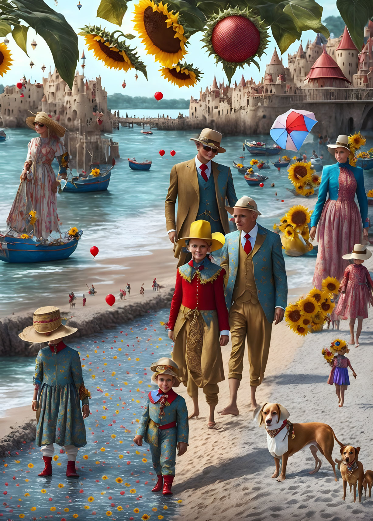 Surreal vintage attire people walking dogs on beach with sunflower faces, fantastical castle and boats