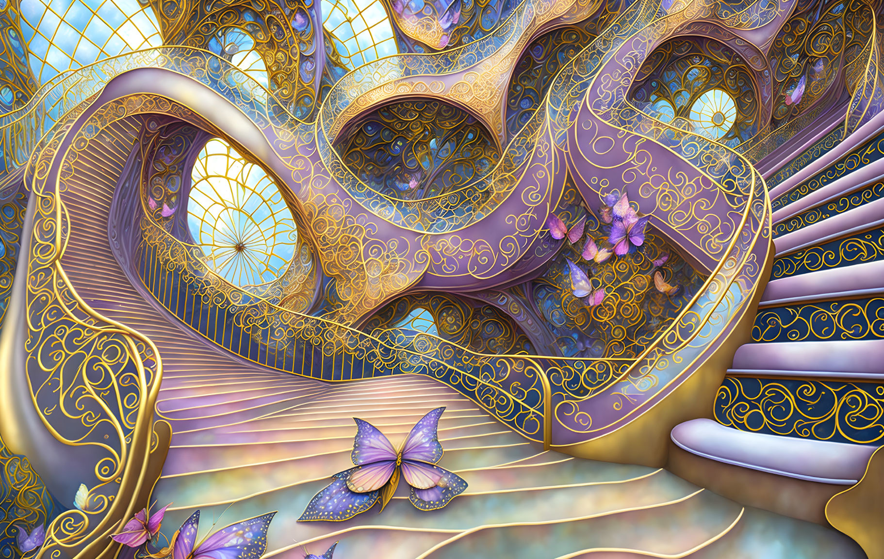 Fantasy interior with golden swirls, heart shapes, butterflies, and ornate staircases