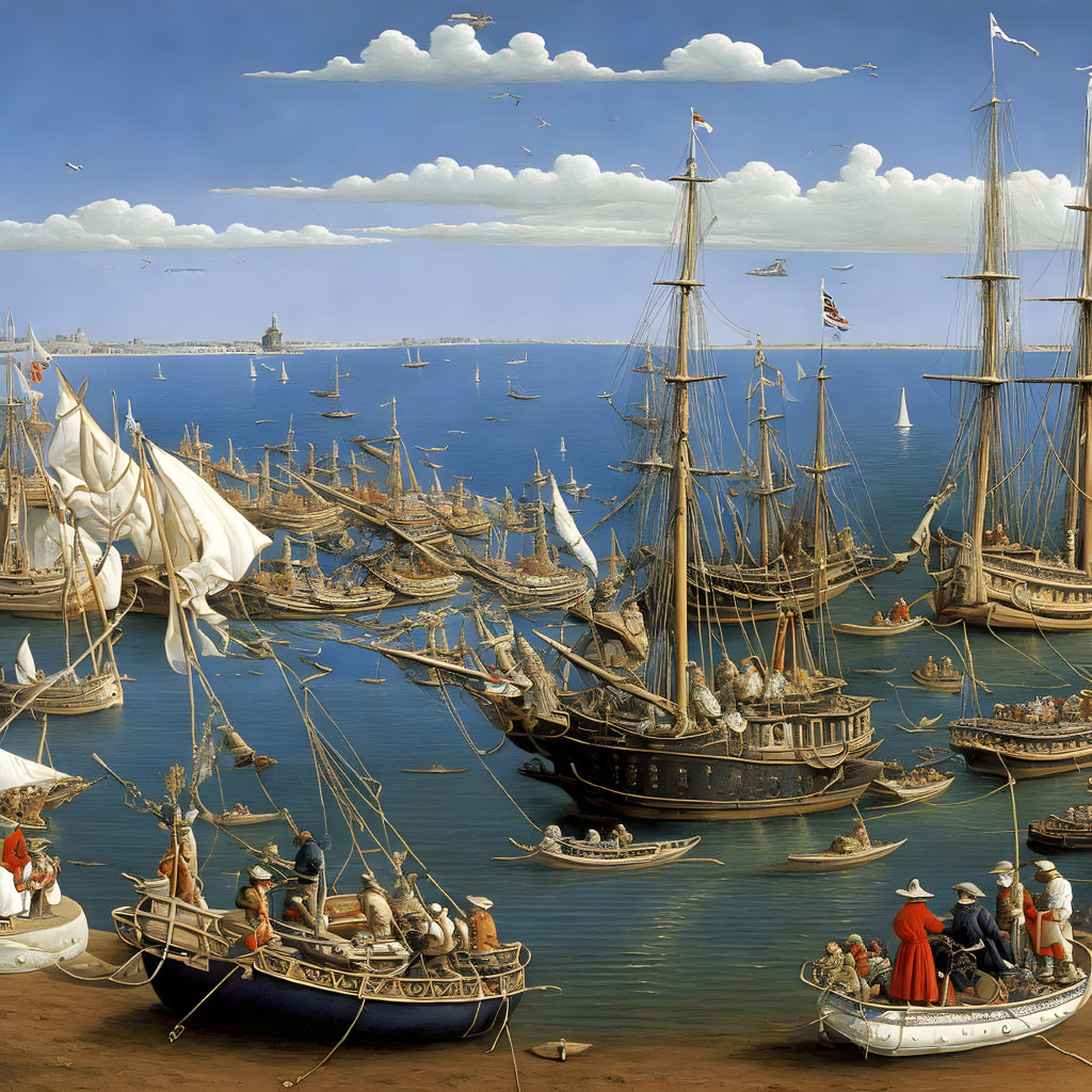 Harbor scene with sailboats, ships, and people on docks