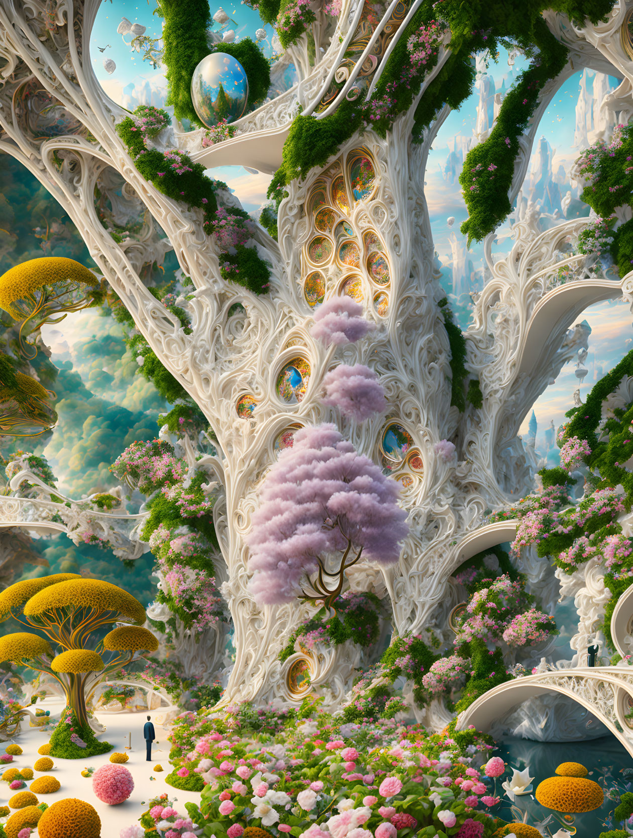 Surreal landscape featuring intricate tree-like structures, pink clouds, fantastical mushrooms, solitary figure,