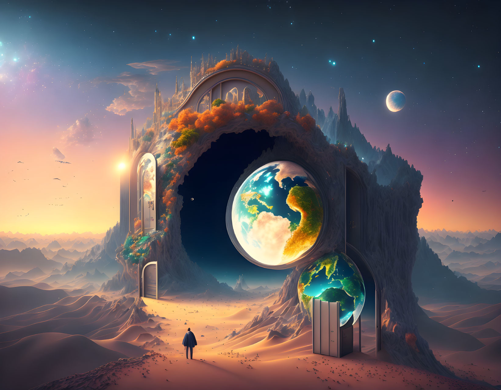 Surreal landscape with giant doorway and oversized planets in colorful sky