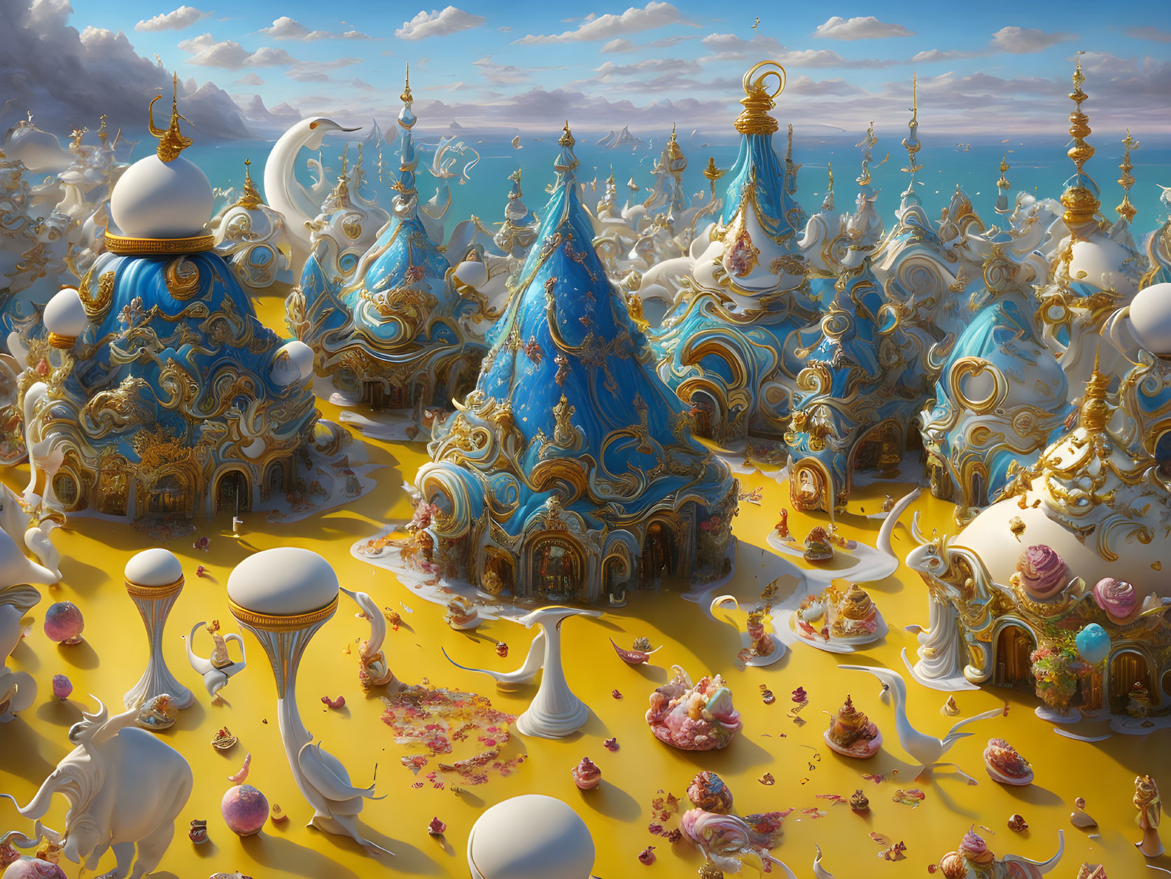 Surreal landscape: ornate buildings, blue and gold domes, golden sea, cloudy sky