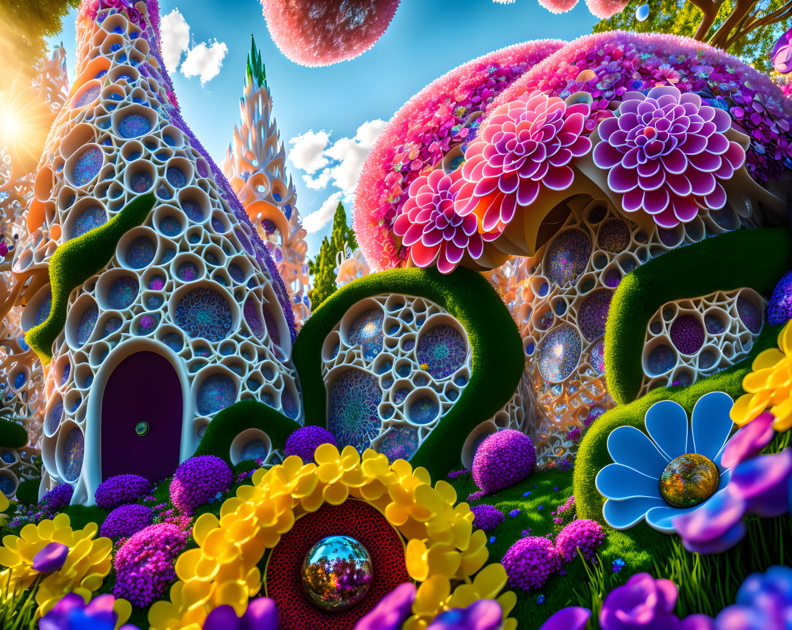 Fantastical Landscape with Oversized Flowers and Whimsical Structures