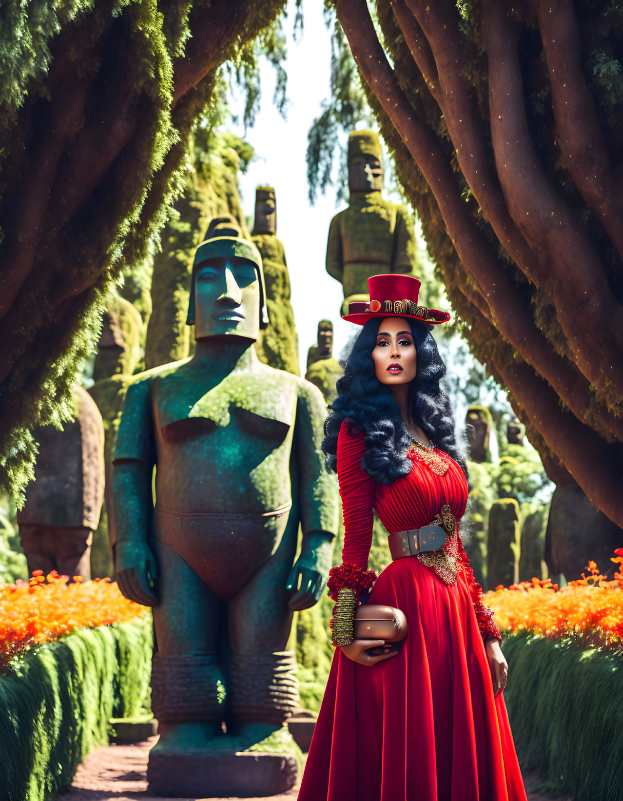Person in Red Dress and Top Hat in Lush Garden with Statues and Orange Flowers