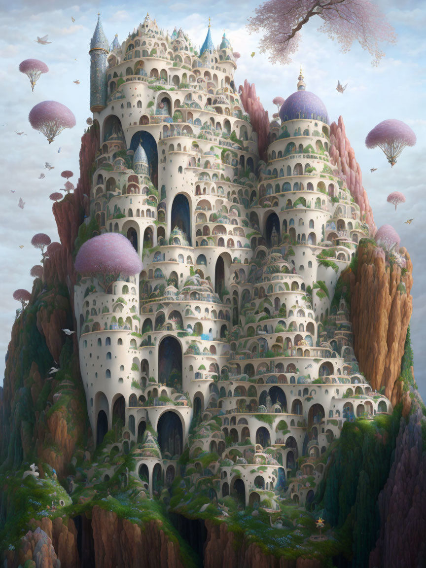 Fantastical multi-tiered castle on cliff with floating islands and jellyfish-like plants under pastel