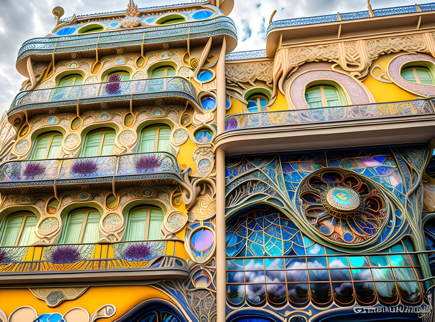 Colorful mosaic tiles and intricate ironwork on whimsical building facade