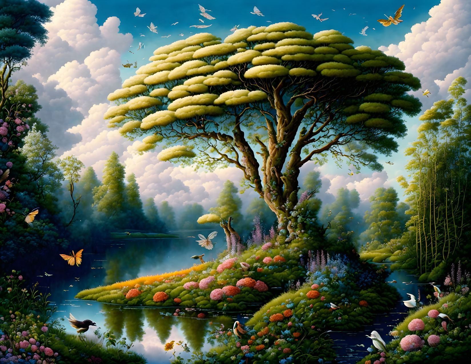 Colorful landscape with tree, flowers, lake, birds, and dreamlike elements