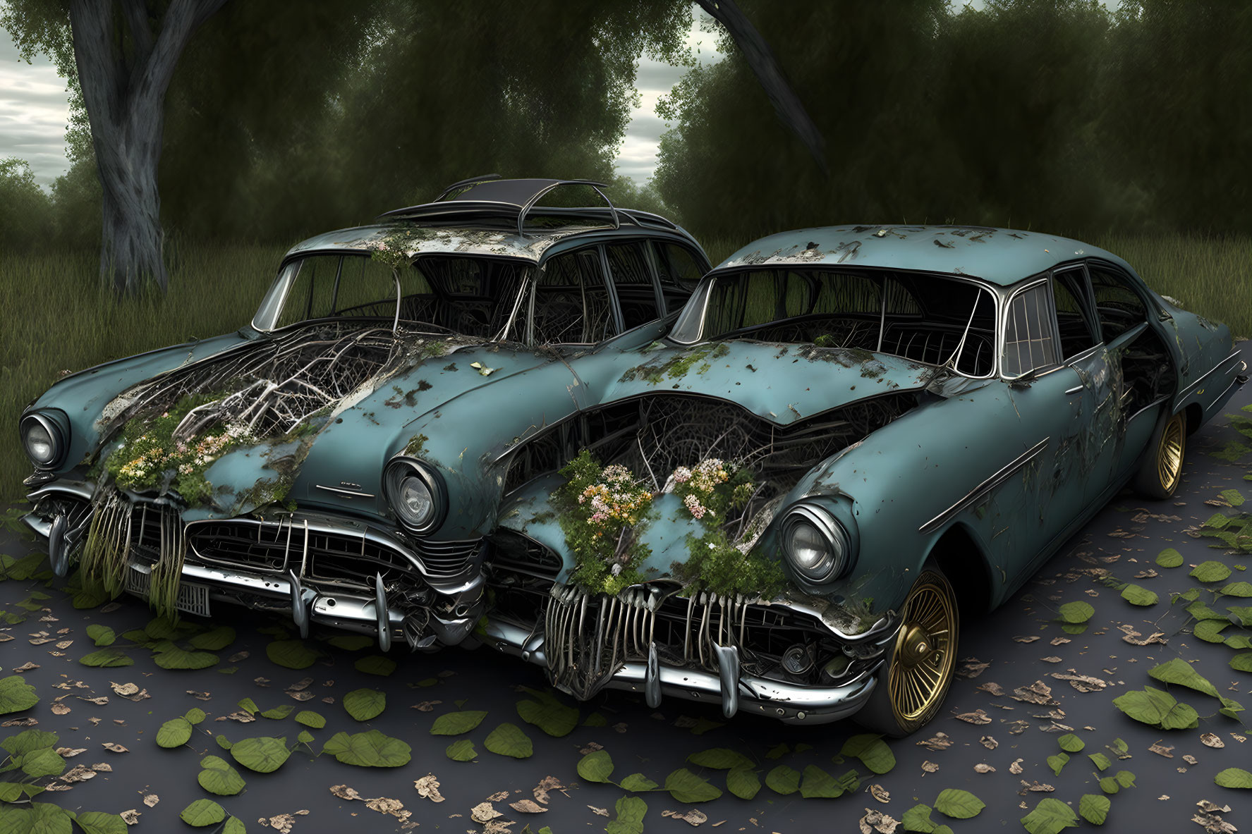 Abandoned vintage cars covered in vegetation in forest clearing