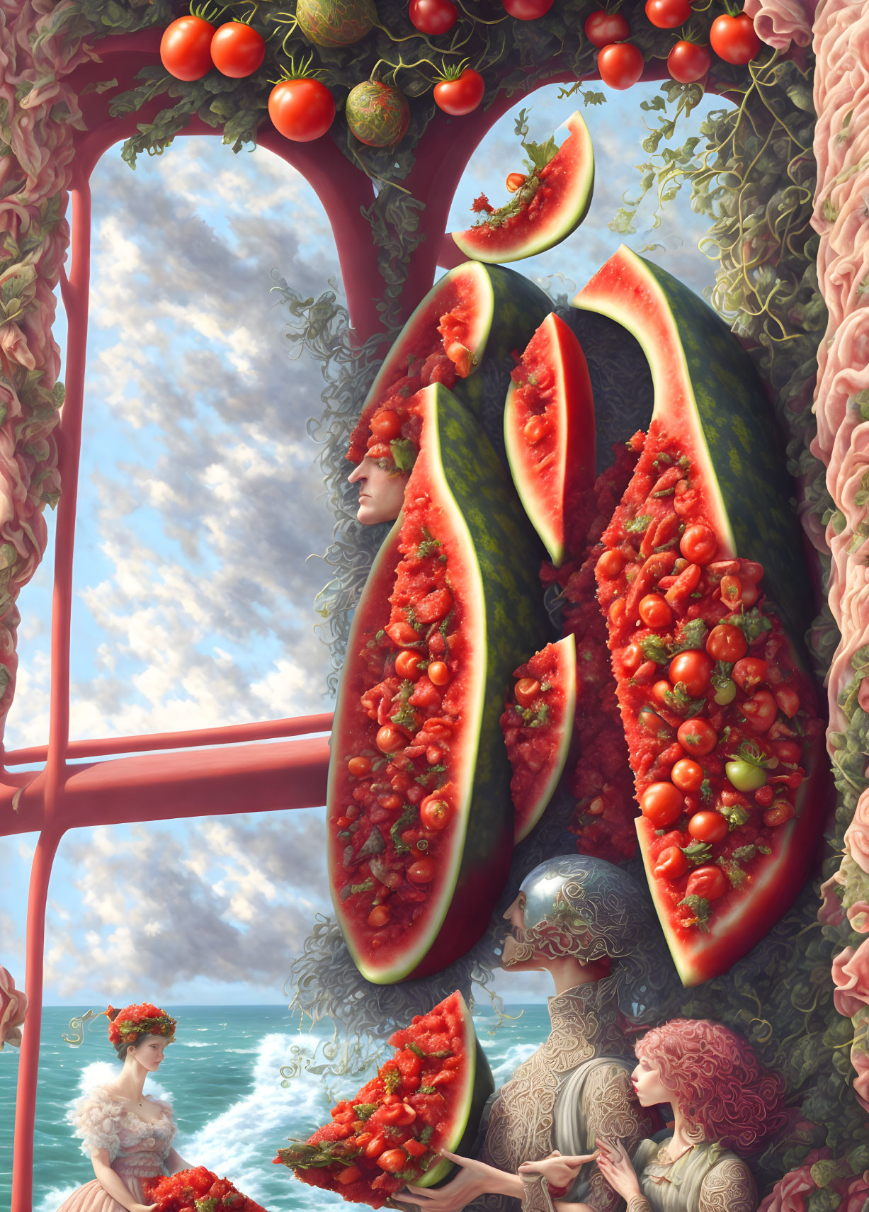 Surreal nature and human figures with watermelon and tomatoes on seascape background