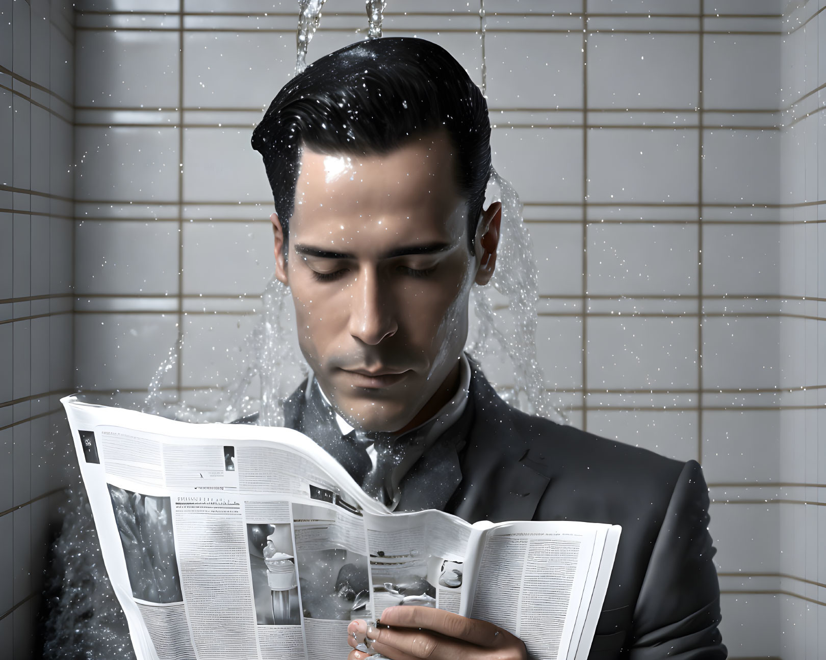 Man in suit reading newspaper under shower with water droplets splashing