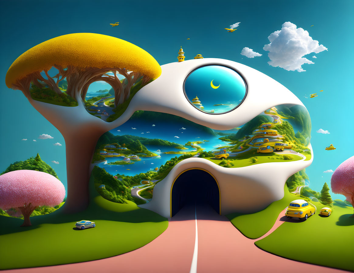 Whimsical face-shaped building in surreal landscape