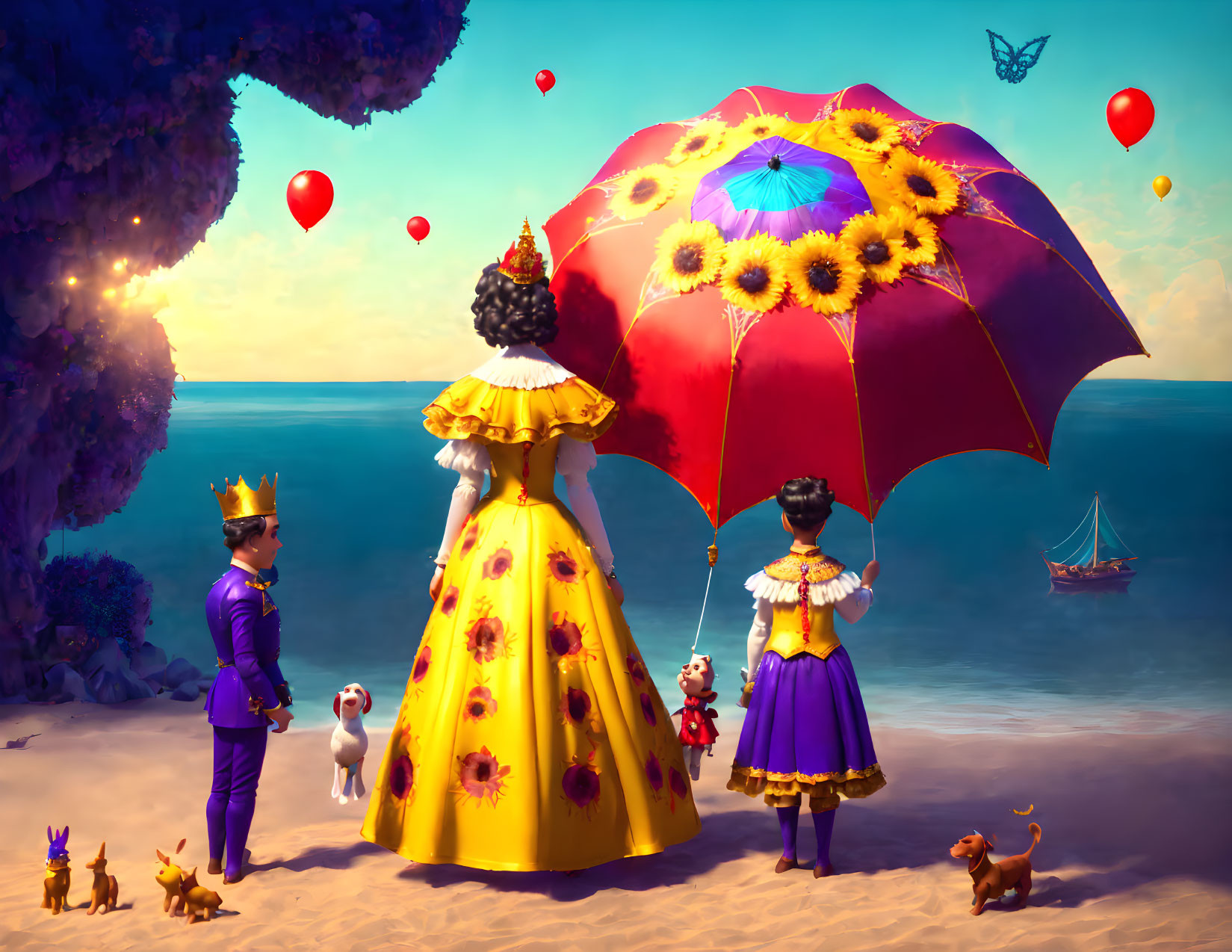 Royal family with children and dogs at the beach under a colorful parasol with red balloons and butterfly.