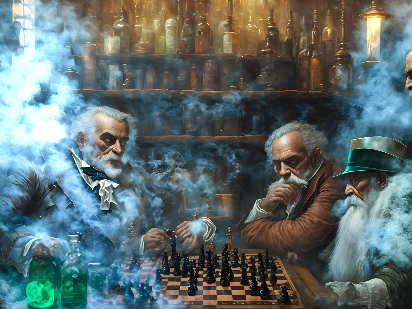 Victorian-era gentlemen playing chess in a smoky bar setting.