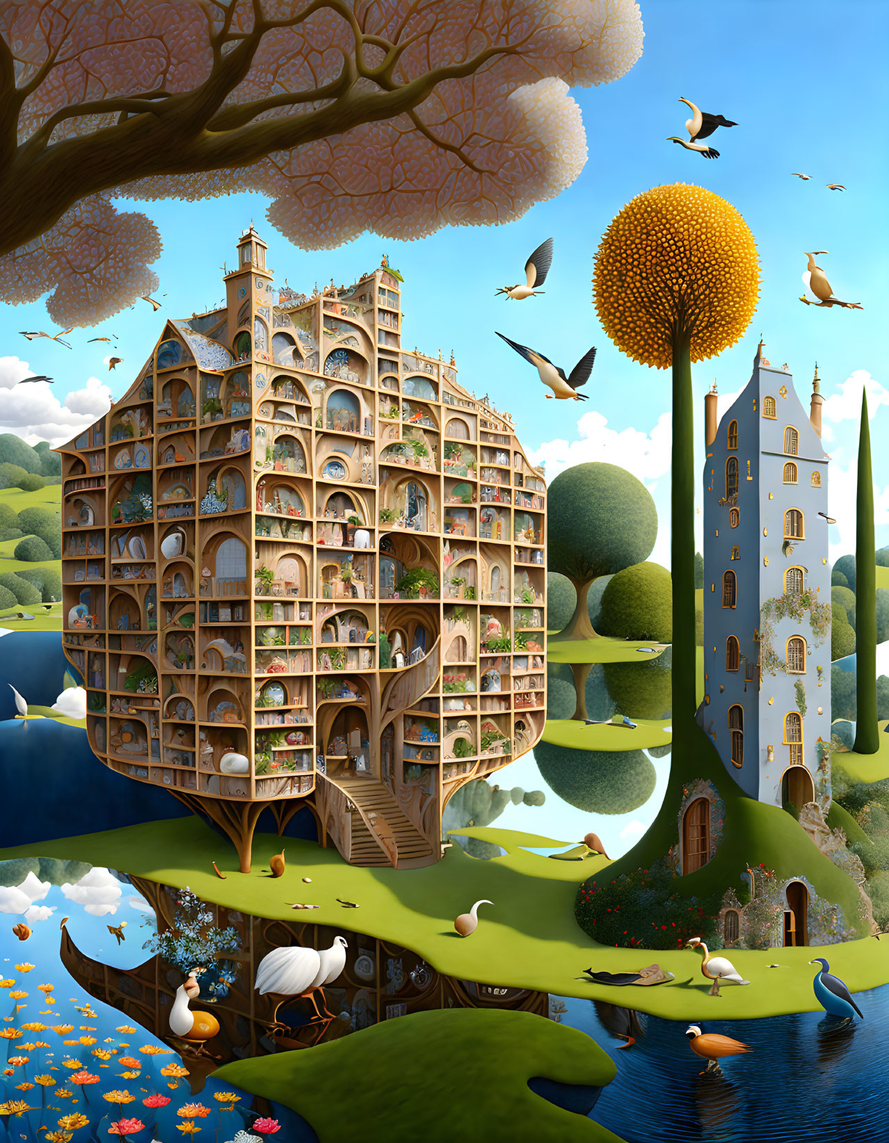 Surreal multi-story treehouse in whimsical landscape