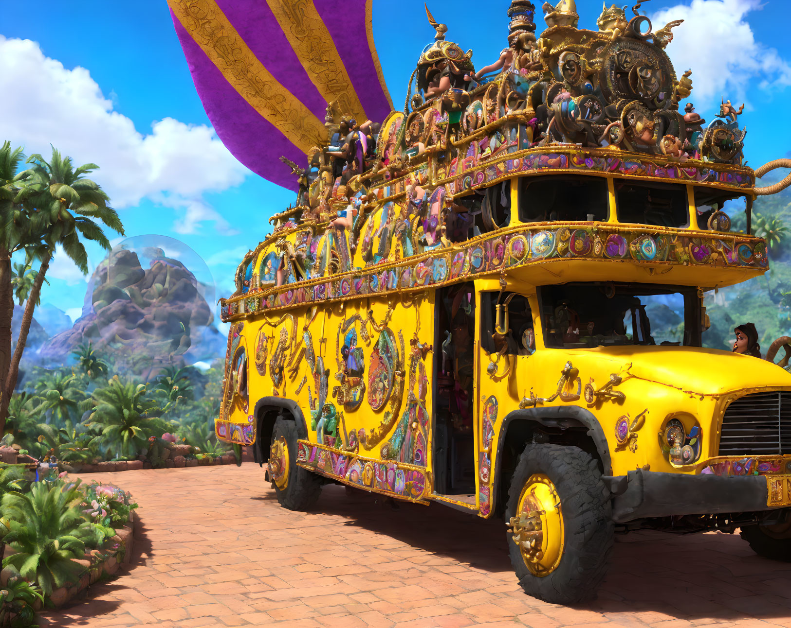 Colorful Ornate Bus Driving Through Vibrant Tropical Landscape