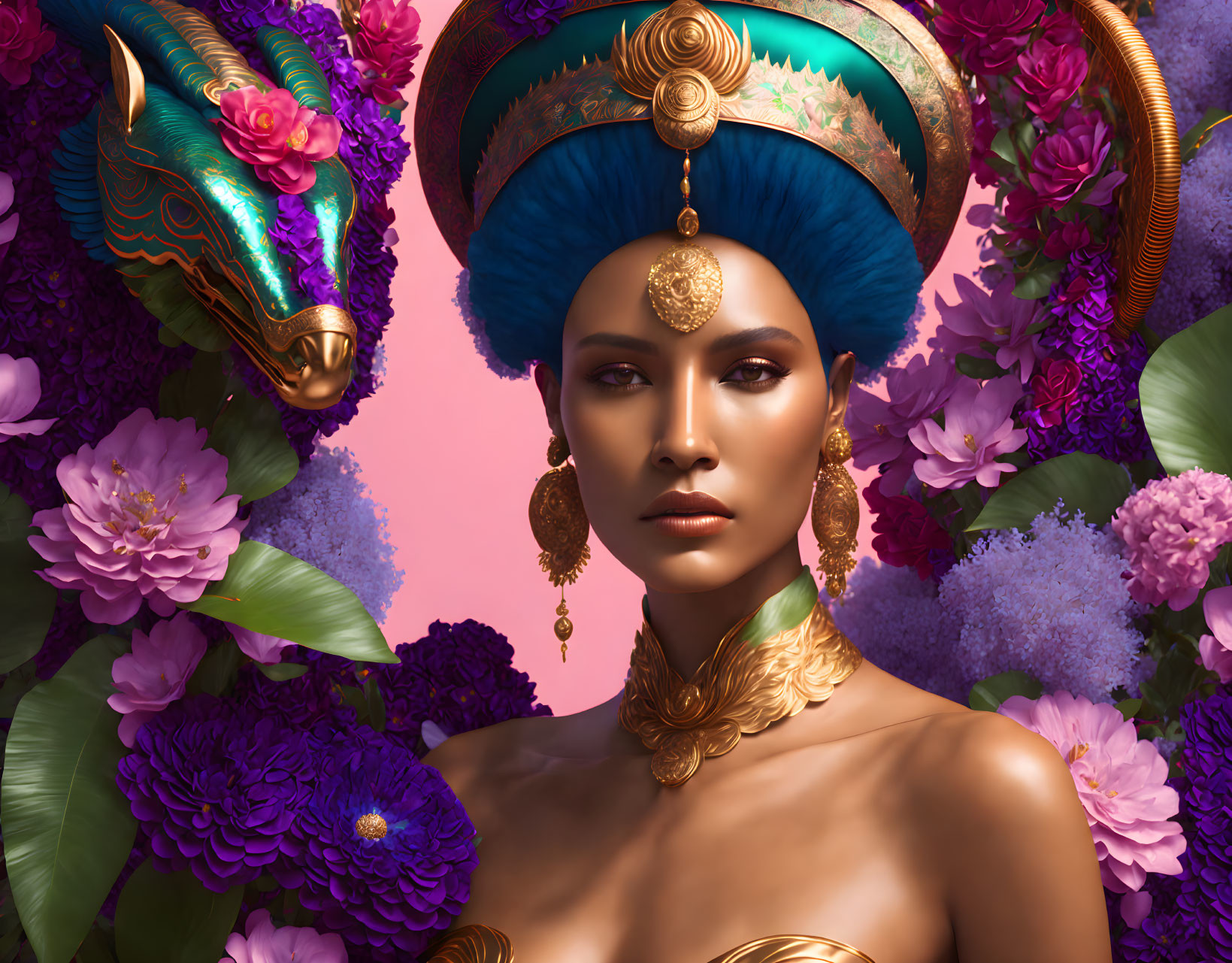 Regal figure with golden adornments and blue headdress among purple florals and dragon sculpture