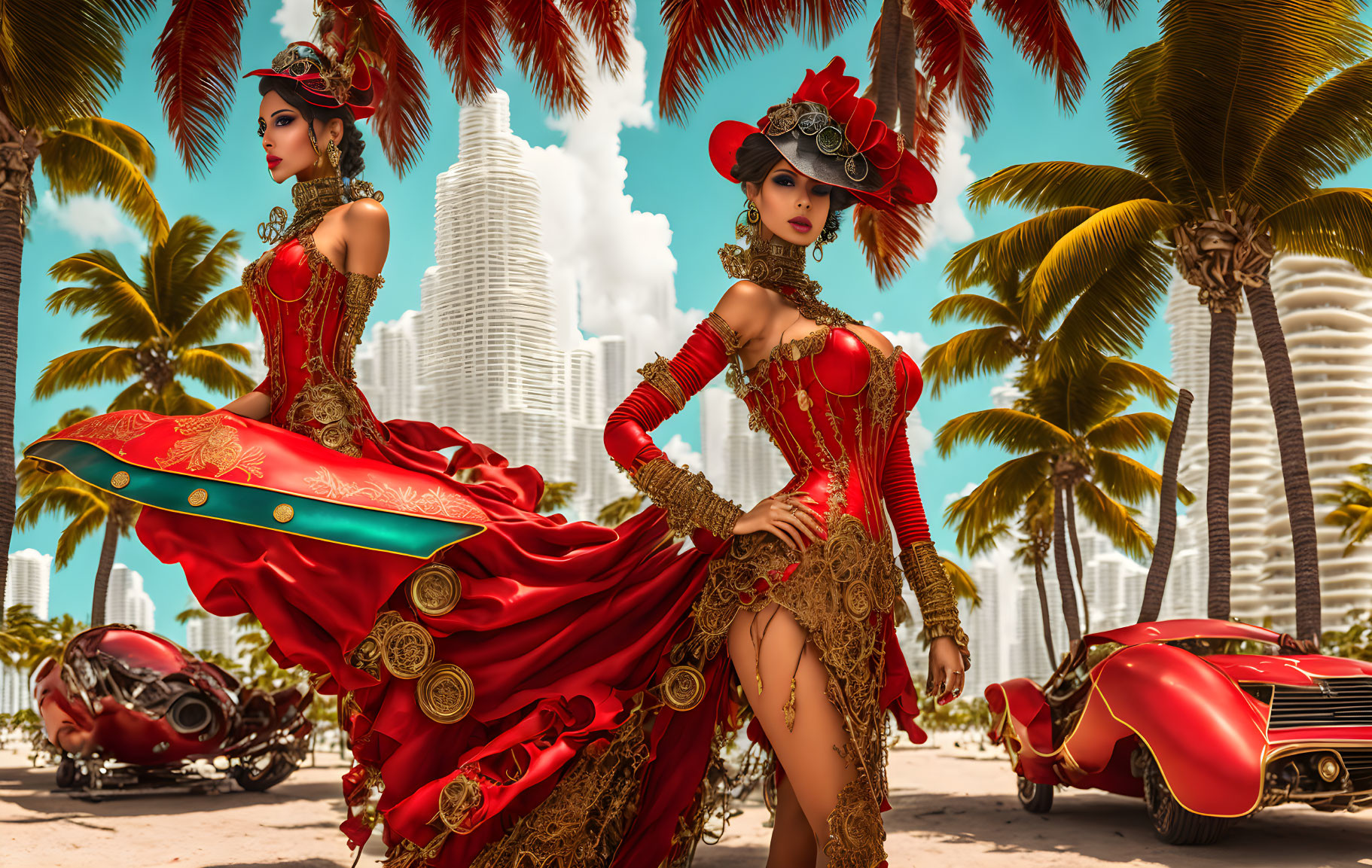 Two women in red feathered costumes posing by palm trees, vintage cars, and skyscrapers.