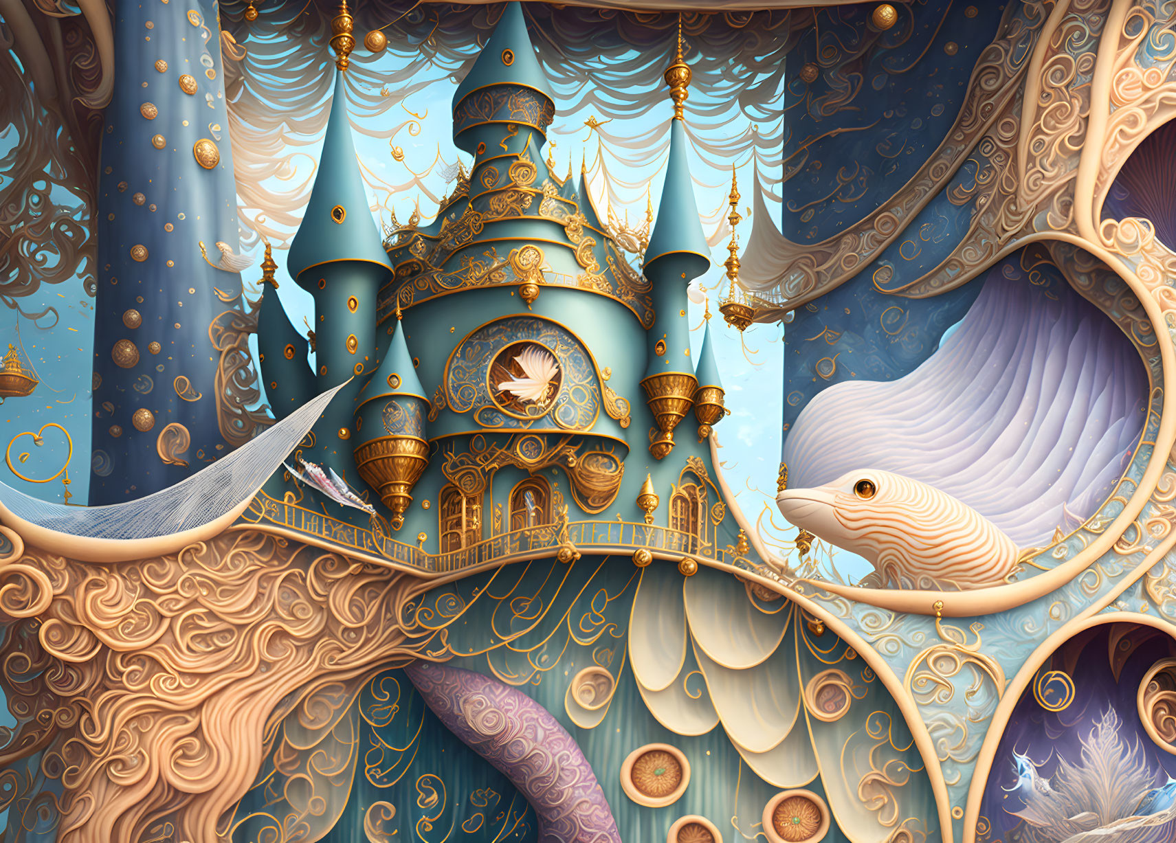 Fantastical castle illustration with ornate towers and whimsical details