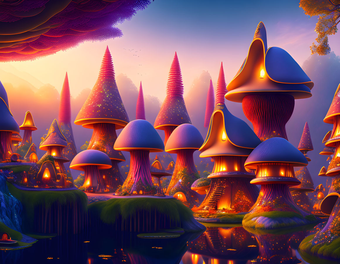 Fantasy landscape with oversized glowing mushrooms in lush twilight scene