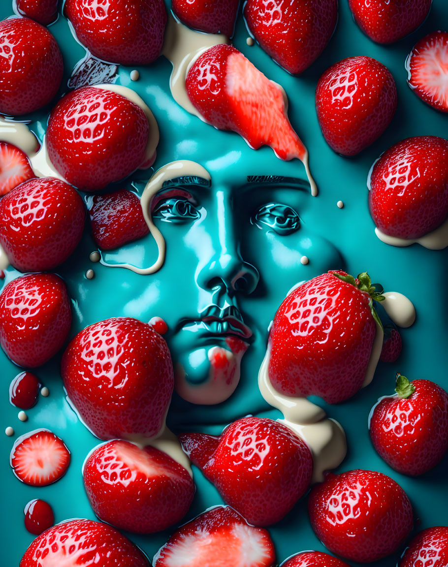 Surreal image: Face submerged in turquoise liquid with strawberries and dripping cream